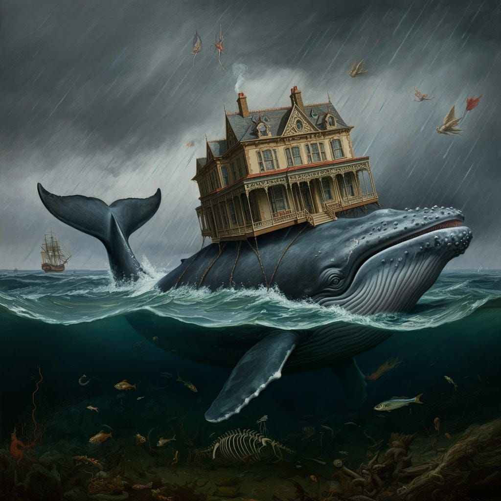 Whale Bearing House on Back in Stormy Sea