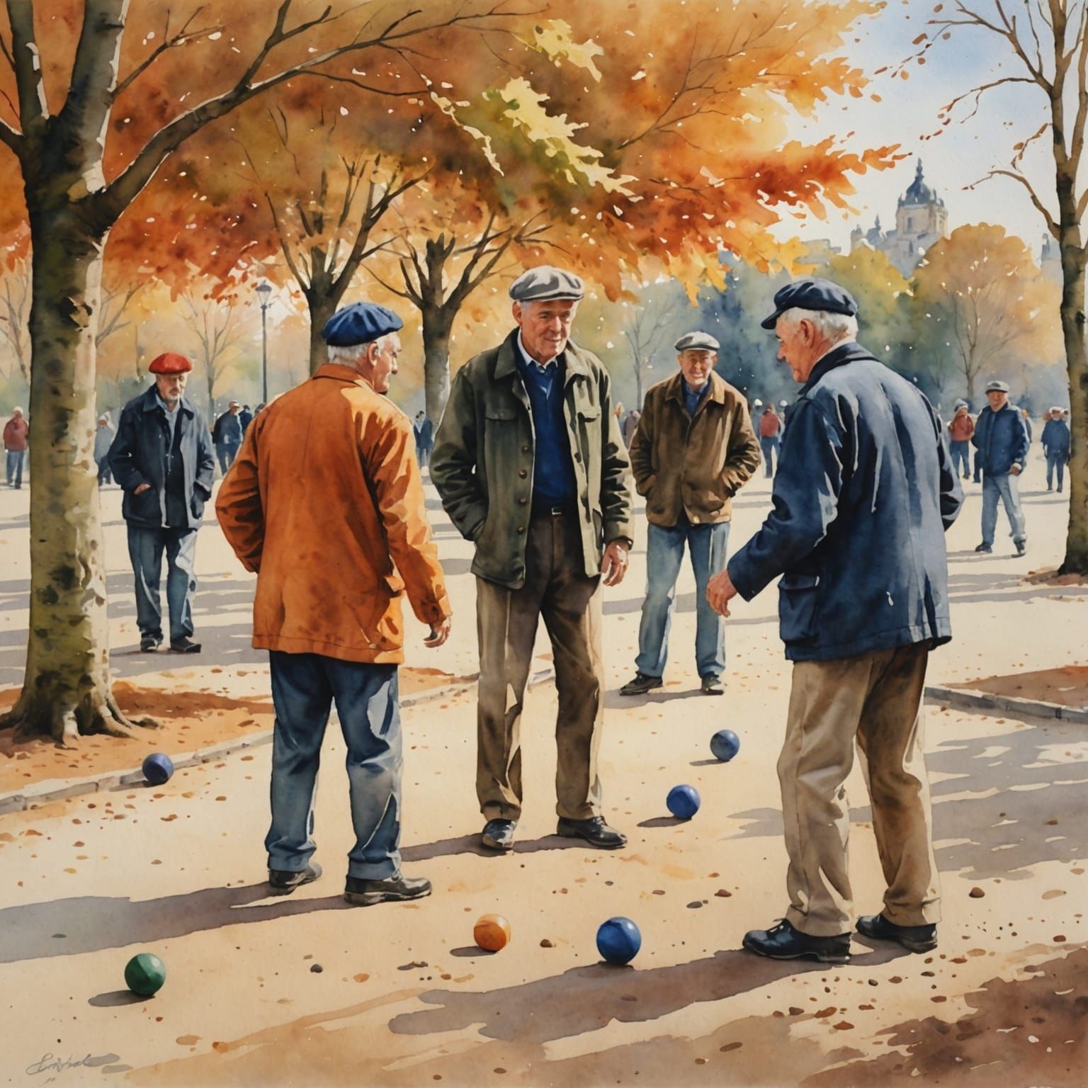 Elderly Men Playing Petanque: A Nostalgic Watercolor