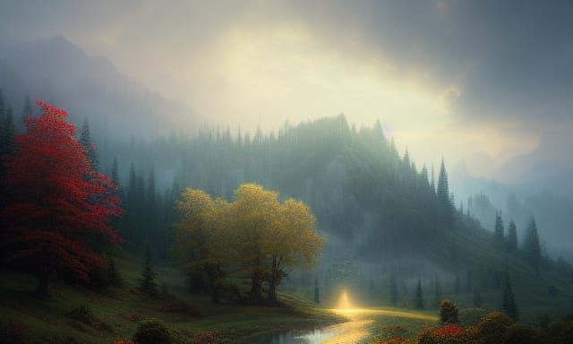 Gigantic Figure Overlooking Hills in Ethereal Style