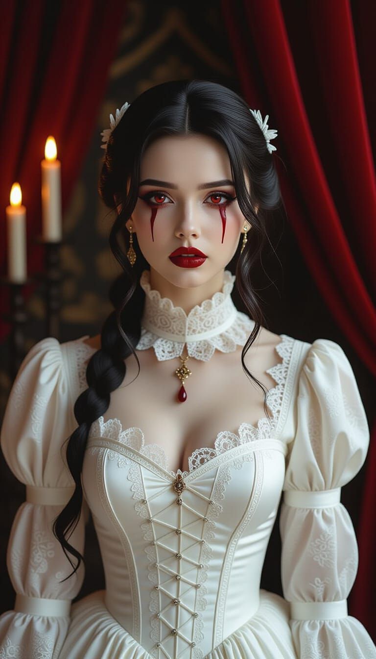Gothic Vampire Girl Portrait with Blood Tears in Dark Fantas...