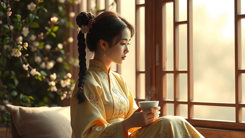 Ethereal Chinese Goddess in a Dreamy Garden Scene