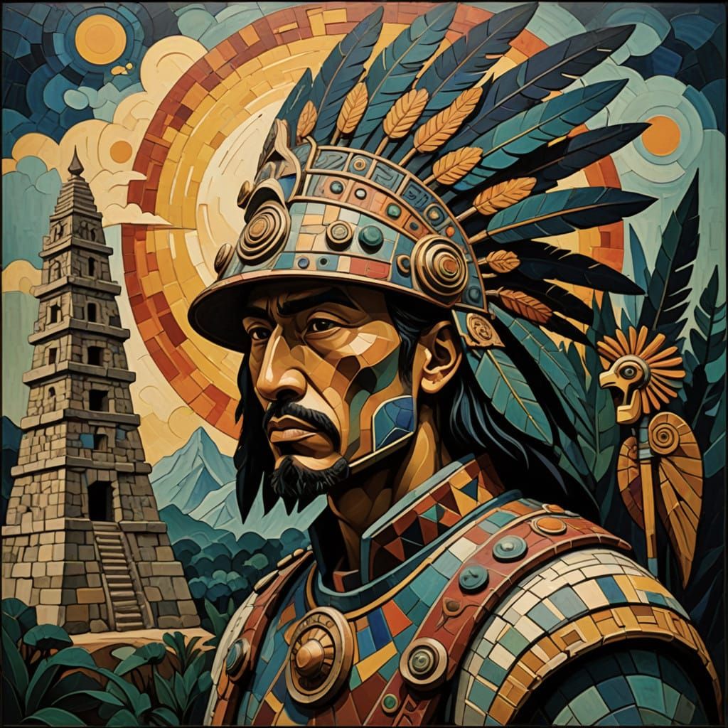 Aztec Warrior in Mayan Splendor, Inspired by Muralist Master...