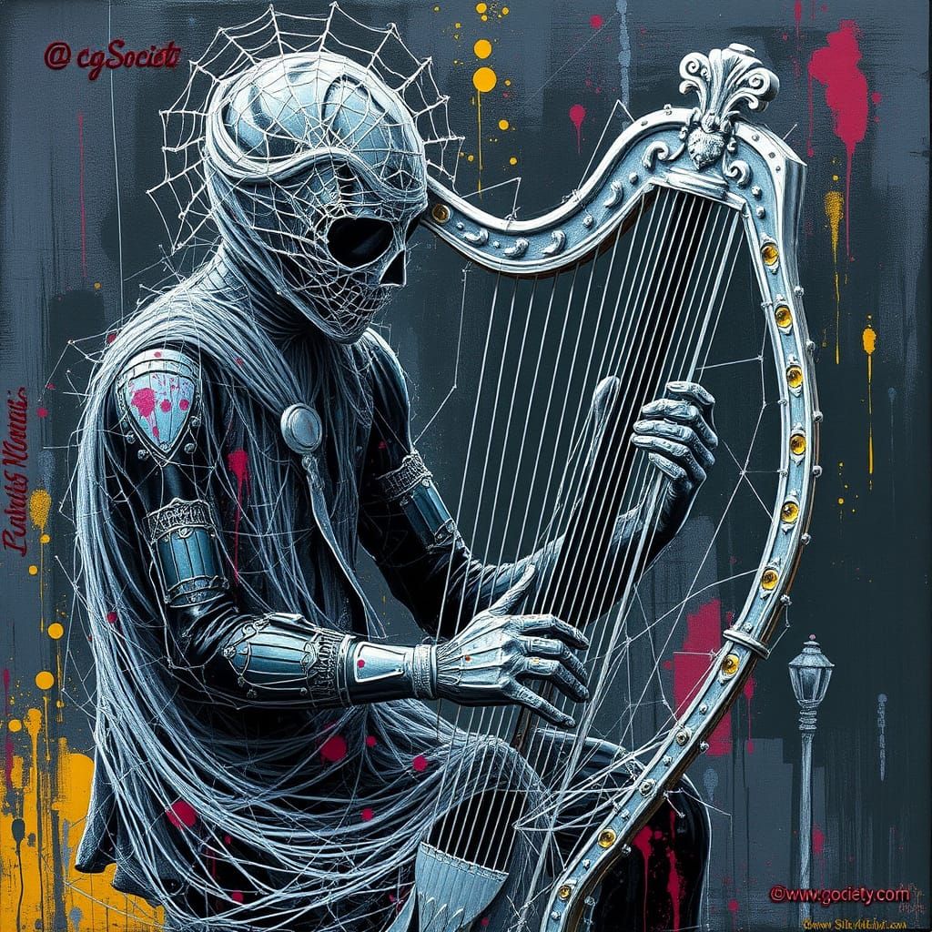 Spiderweb Harpist in Vibrant Graffiti Style