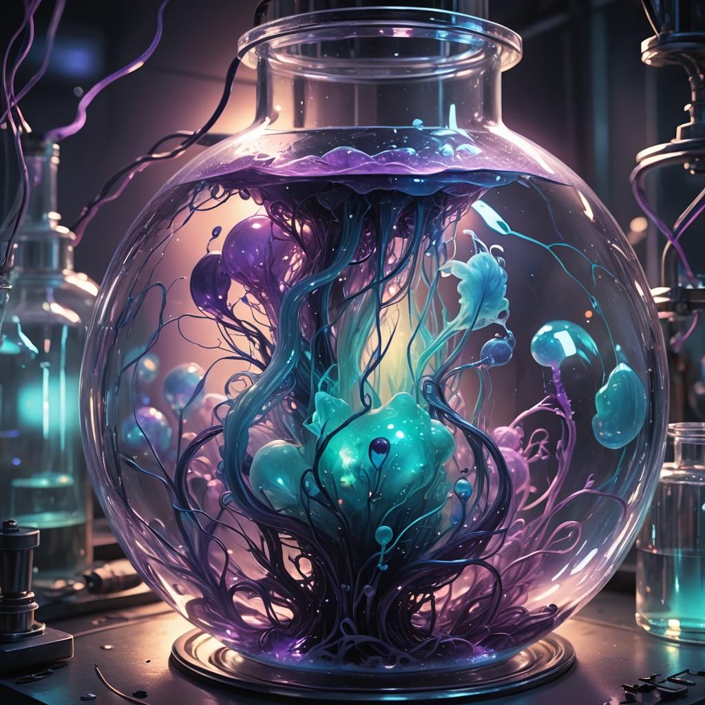 Bioluminescent Sci-Fi Blob in Laboratory Tank