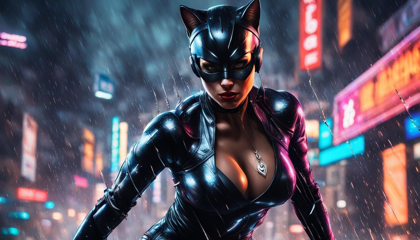 Hyperrealistic Cat-Woman Ready for Battle in Rainy City