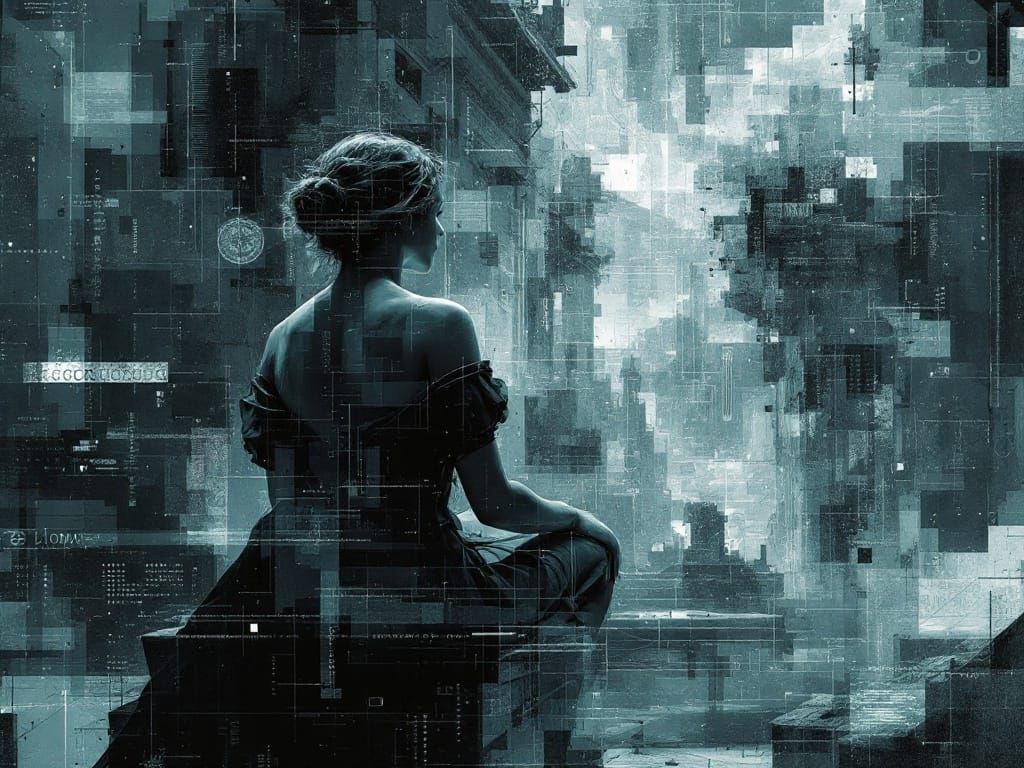 Renaissance Goddess Amidst Digital Decay