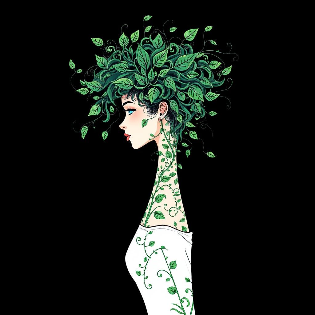 Ethereal Goddess with Leafy Tresses in Organic Art Style