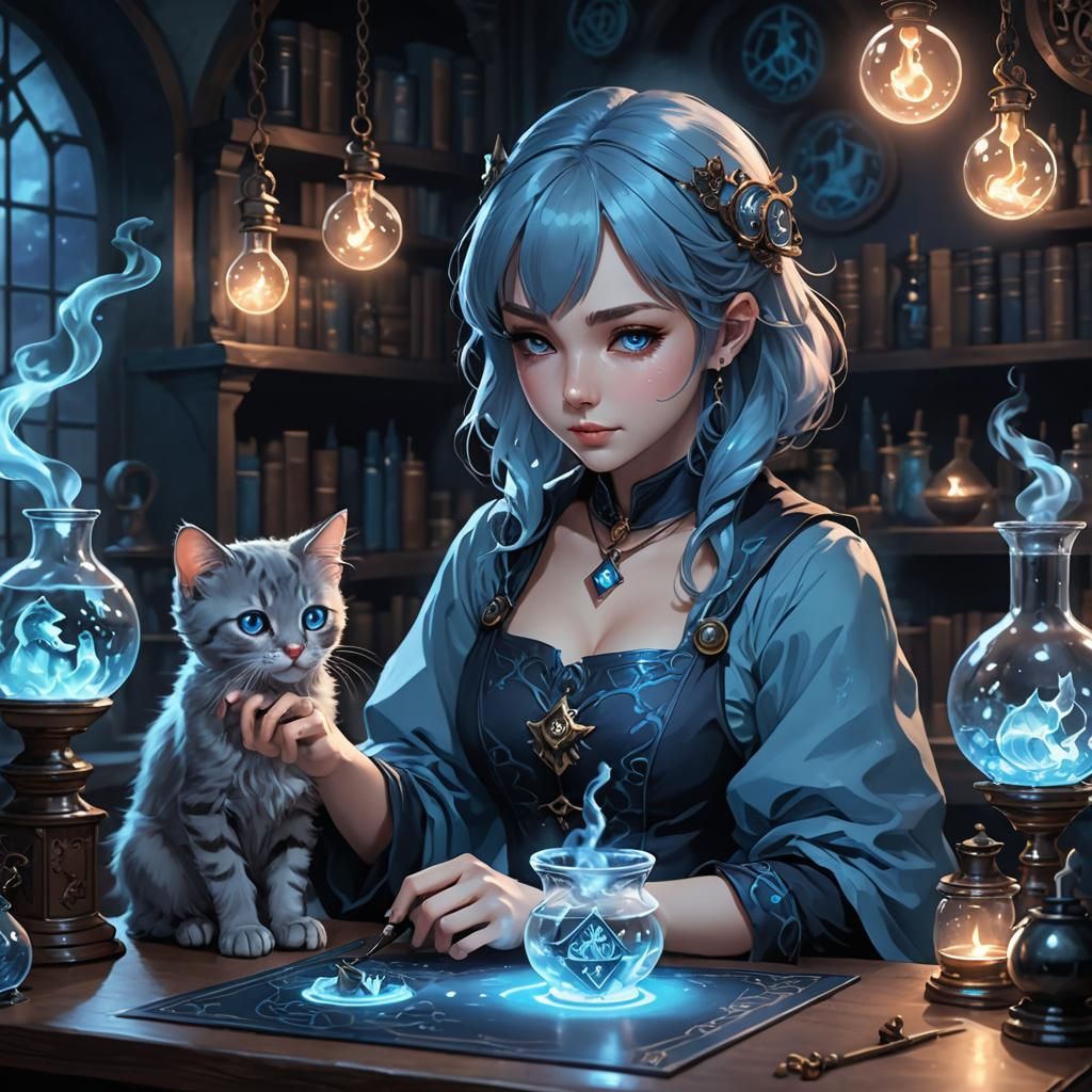 Magical Alchemist Girl and Kitten Portrait