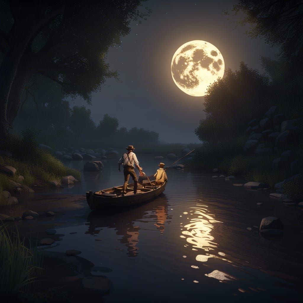 Huckleberry Finn River Scene in Dark Fantasy Style