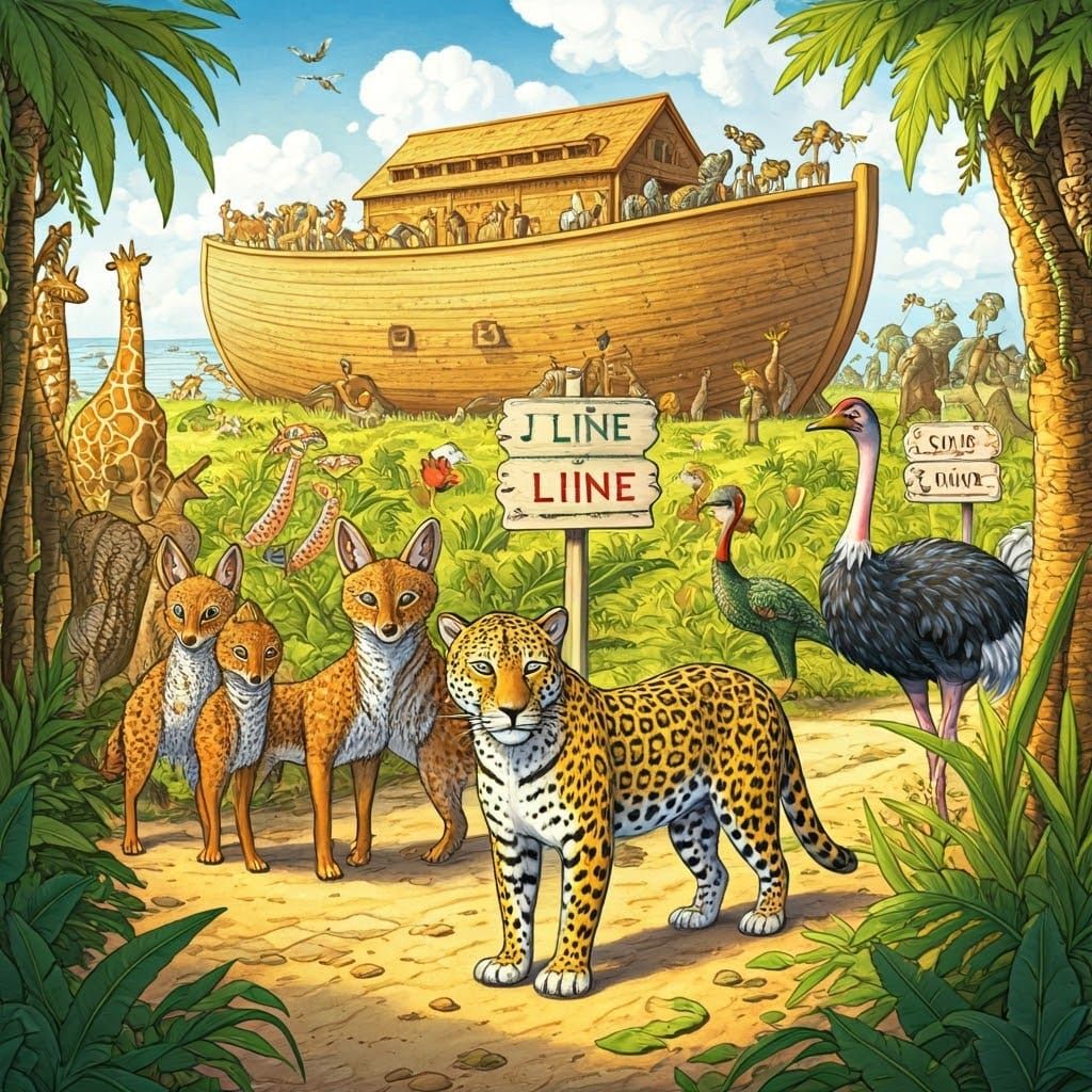 Whimsical Bible Illustration of Animals Boarding Noah's Ark