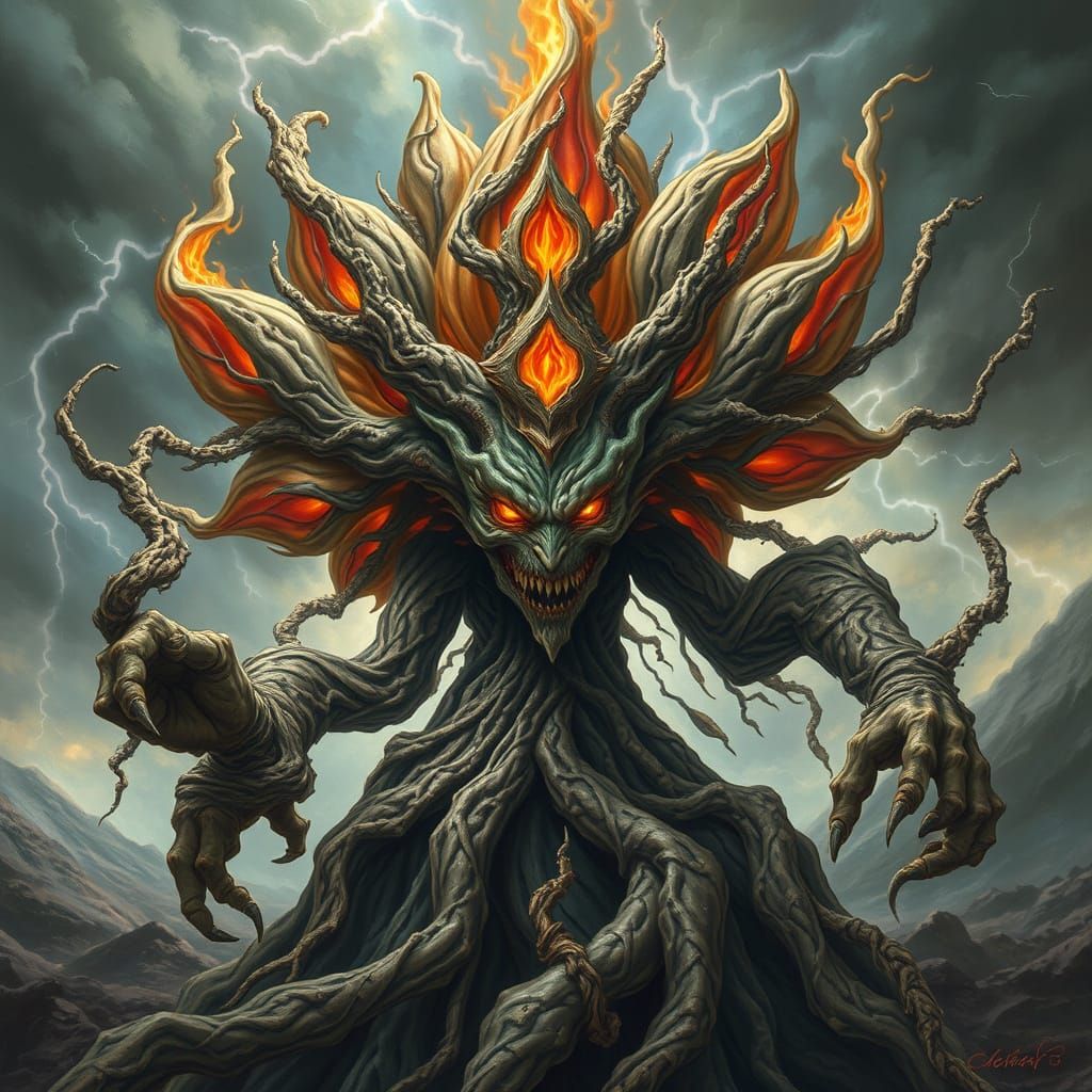 Furious Leshy Made of Roots and Flowers in a Storm