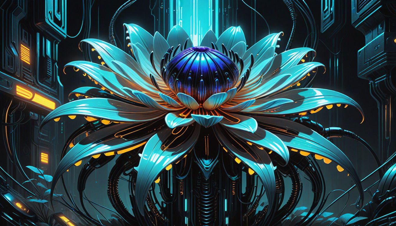 Cybernetic Floral Bloom in a Dark Metallic Oasis
