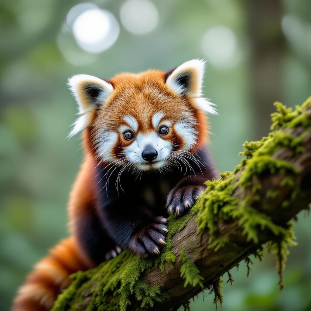 Adorable Baby Red Panda in Misty Forest