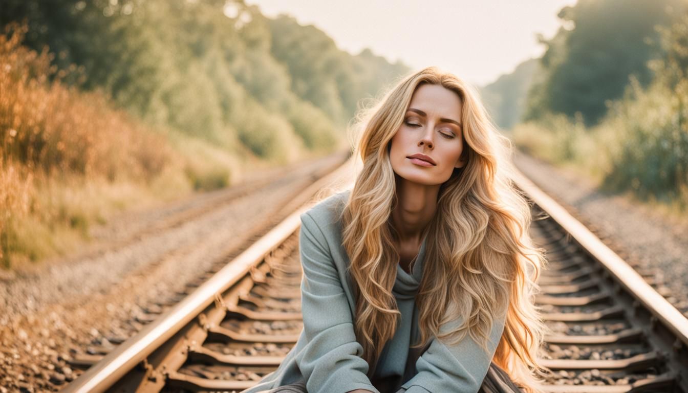 Ethereal Portrait of Woman on Railway Tracks