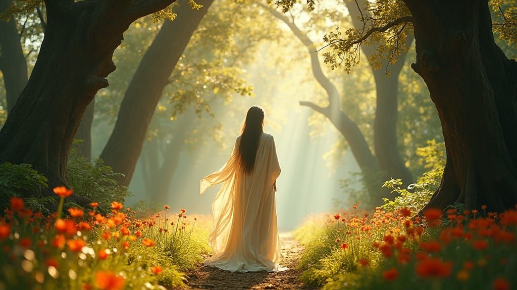 Serene Deity in Lush Forest: Cinematic Still