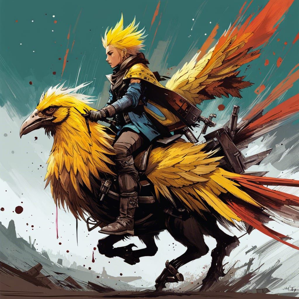 Mage Riding Chocobo: Ink Art in Final Fantasy Style