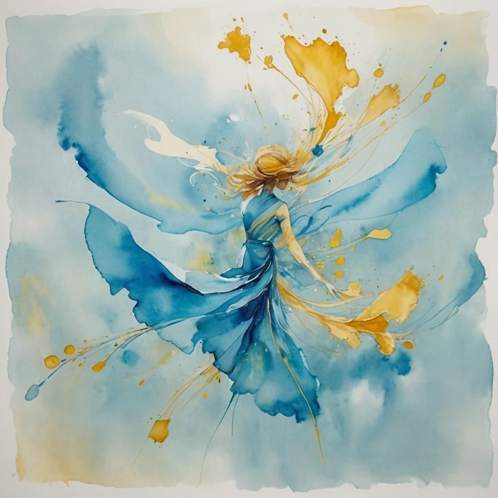 Dynamic Abstract Watercolor Art in Yellow and Blue