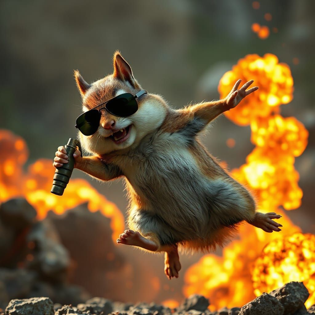 Surreal Chipmunk Leaps from Blazing Inferno in Cool Shades