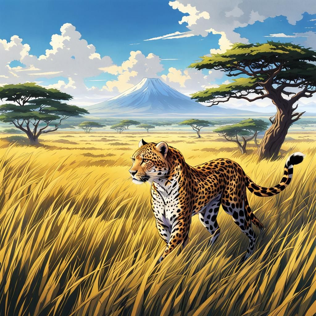 Leopard on Serengeti Plain in Anime Style