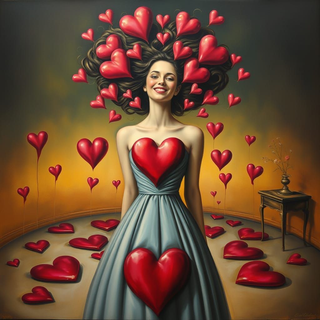 Woman Smiles in Surreal Heart-Themed Room