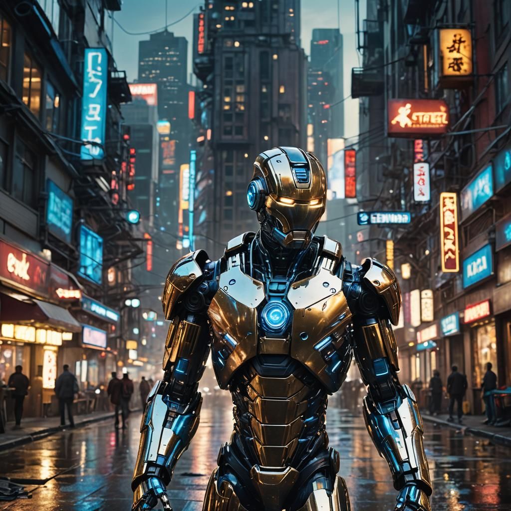 Atom with Ironman Nano Suit in Sci-Fi Cityscape