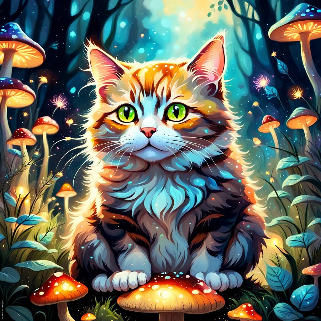 Cat on Mushroom: Whimsical Fantasy Oil Painting