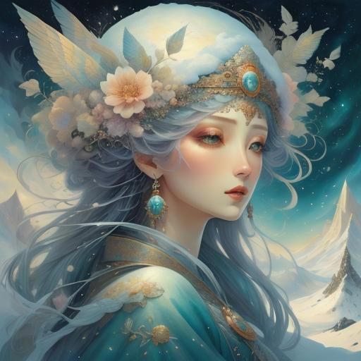 Magical Winter Girl in Cloudscape: Digital Illustration