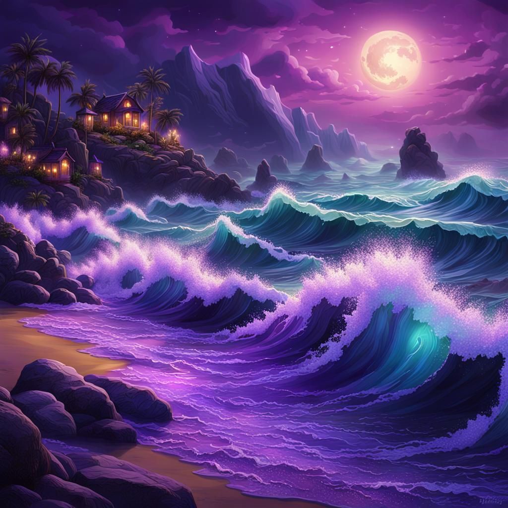 Night Ocean Waves with Purple Glow and Glitter