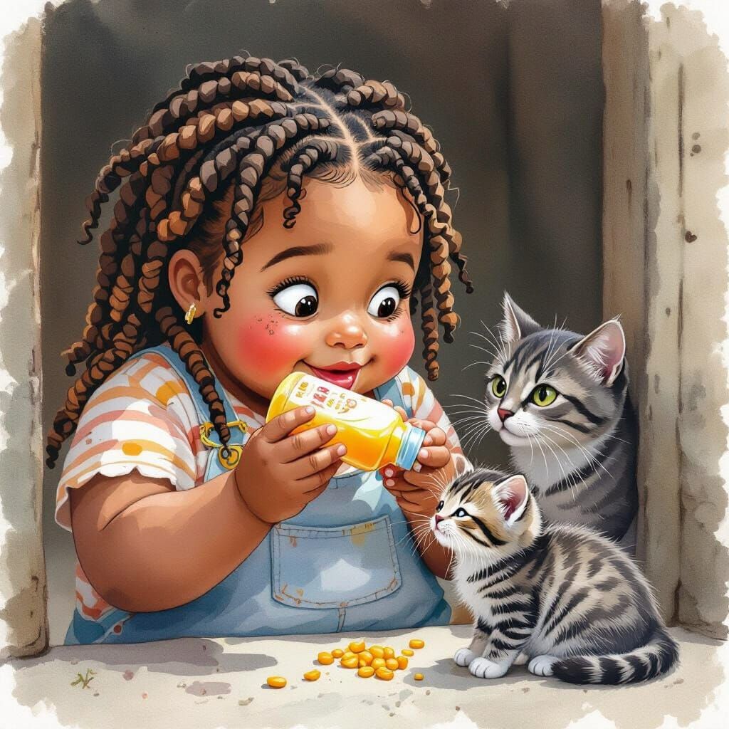 Girl Feeds Kitten: Watercolor Illustration