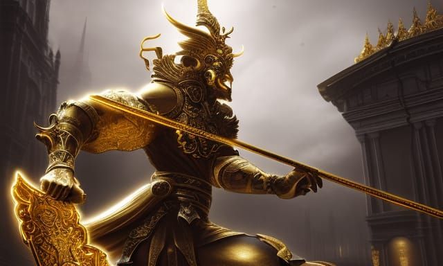 Marble Warrior in Ornate Hall, Digital Art