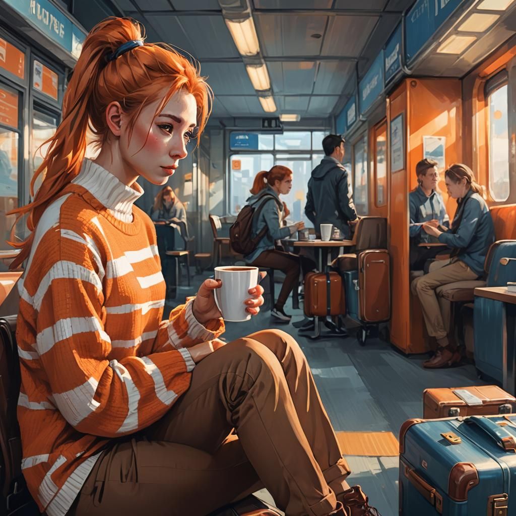 Stressed Girl with Coffee: Fantasy Digital Art