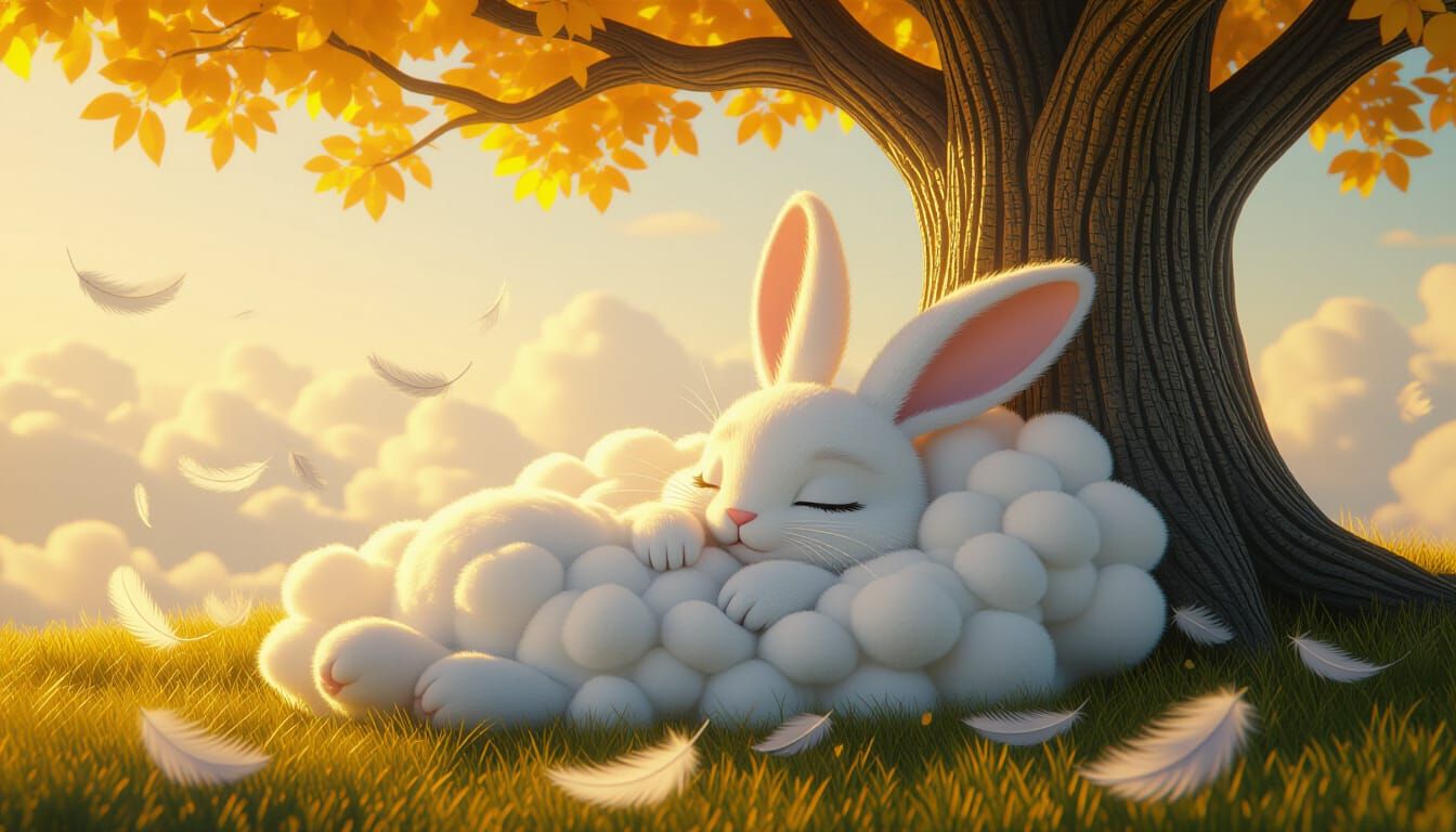 Cloud and Feather Bunny Sleeping Under Golden Tree