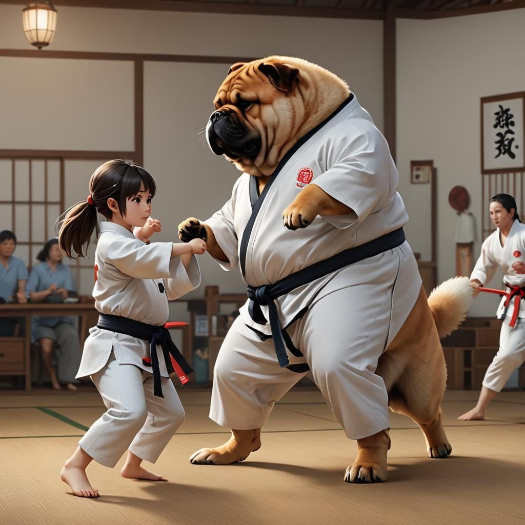 Anime Style: Dog and Girl Practicing Karate