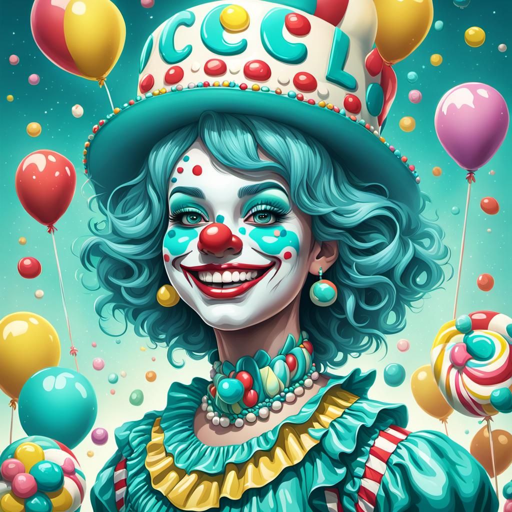 Teal Clown Queen Smiles in Candy Art Style