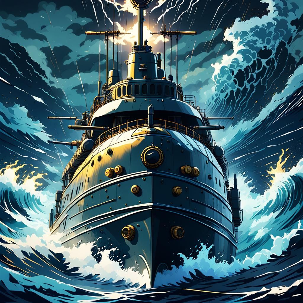 Anime Submarine Sails Stormy Ocean with Guns