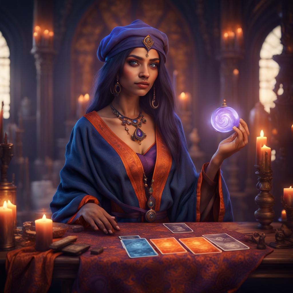 Young Witch Apprentice with Tarot Cards, Detailed Digital Ar...