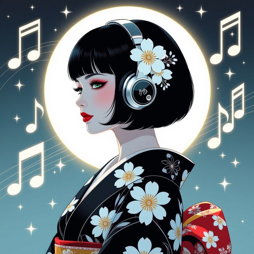 Glamorous Lady in Kimono with Sparkling Headphones