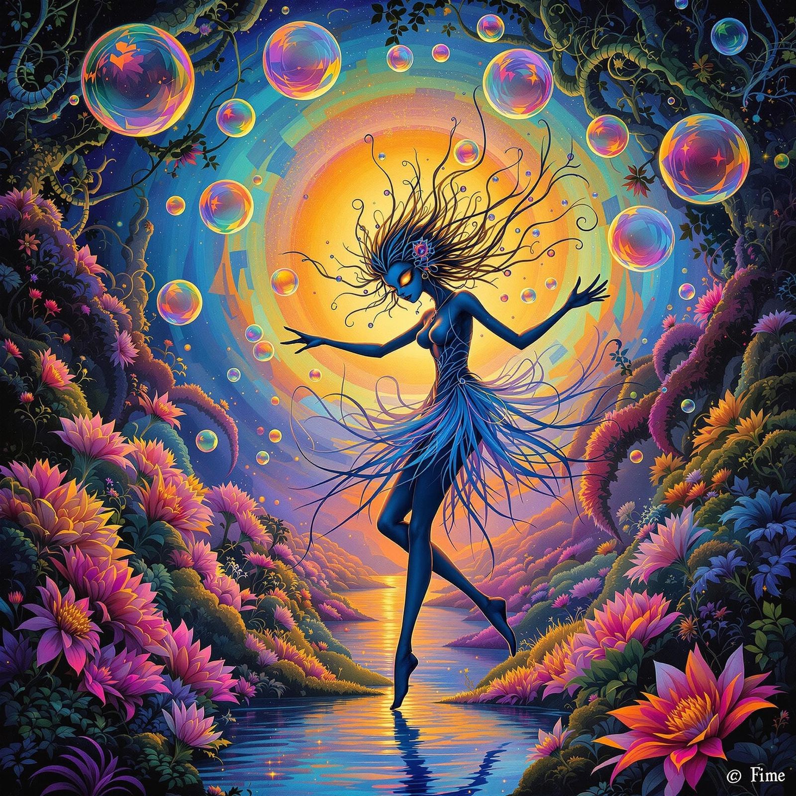 Sprite's Whimsical Dance in Psychedelic Dreamscape