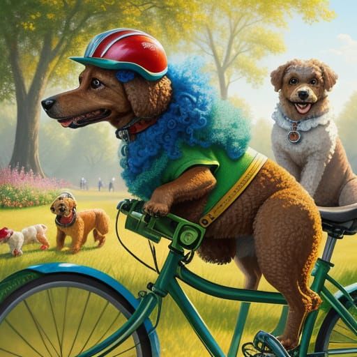 Whimsical Dogs Cycling in Golden Hour Park