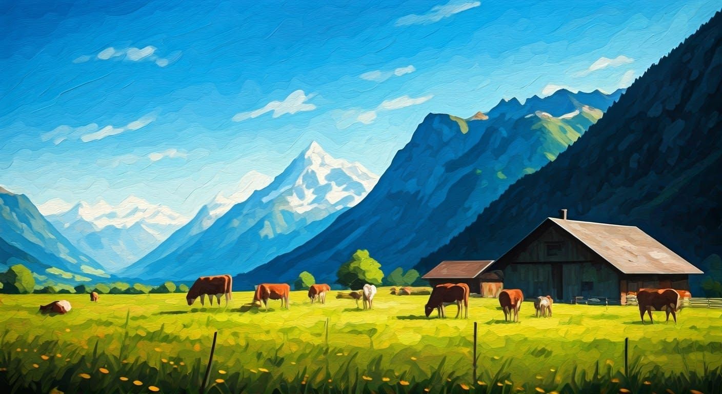 Swiss Alps Farm with Cows, Gouache and Watercolor