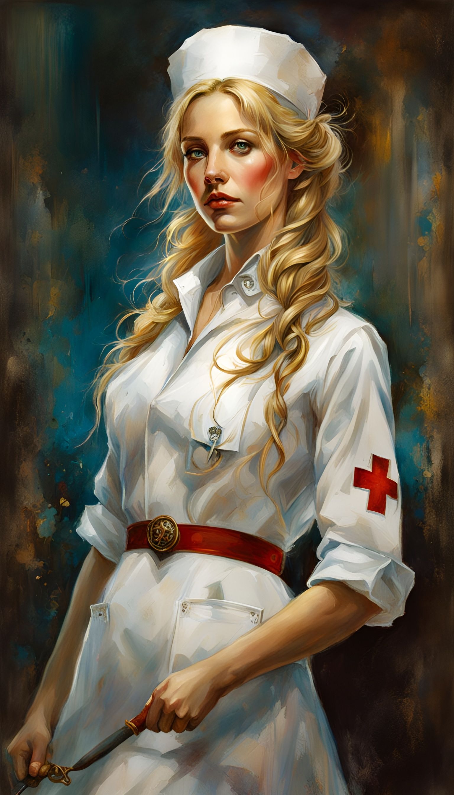 Blond Nurse in White Uniform: Renaissance Watercolor Style