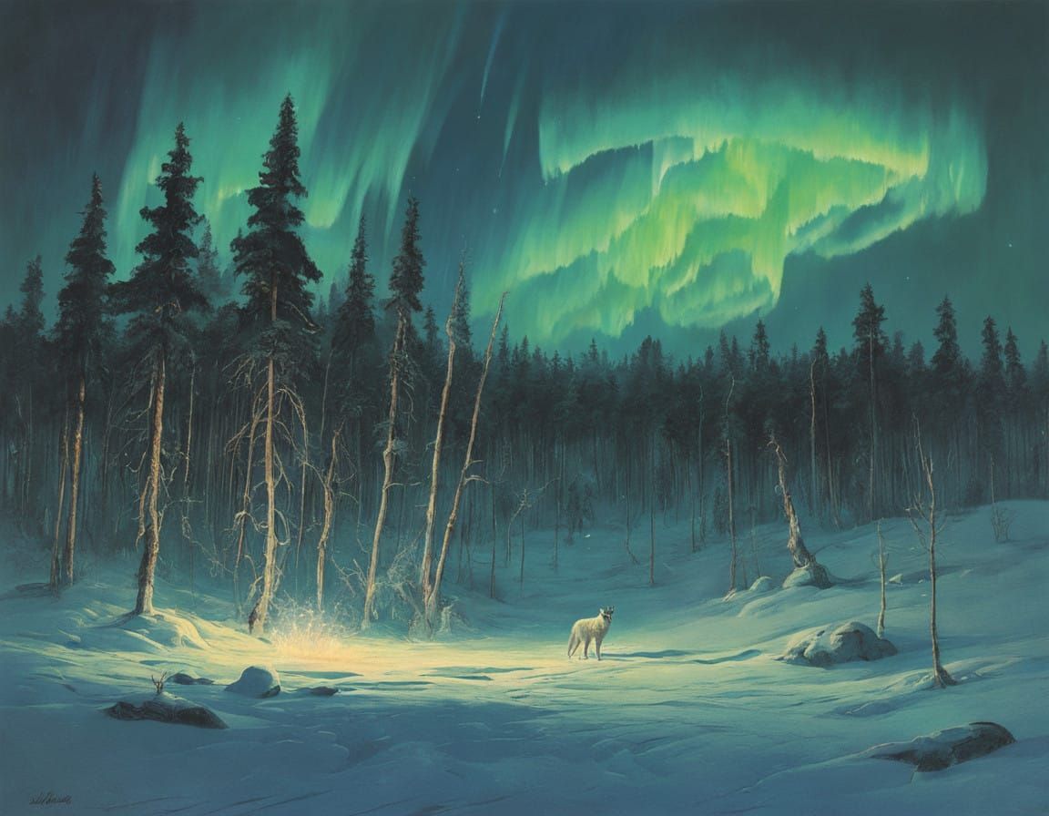 Ethereal Wolf Spirit in Northern Lights Heavenly Painting