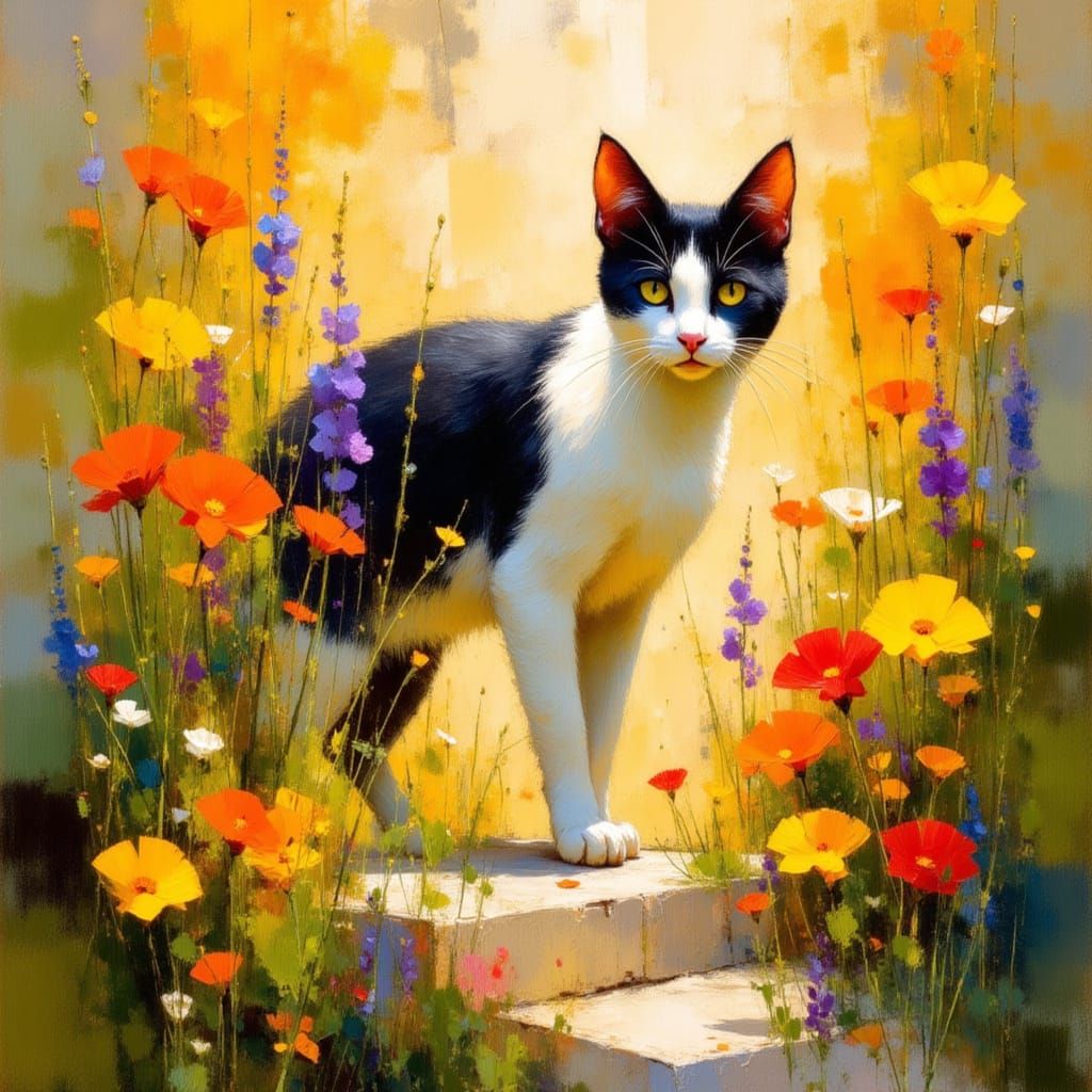 Surrealistic Cat in Vibrant Wildflower Landscape