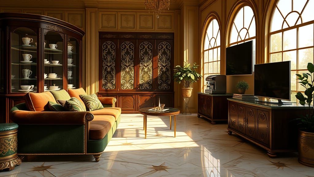 Luxurious Home Coffee Lounge with Golden Accents and Velvet ...