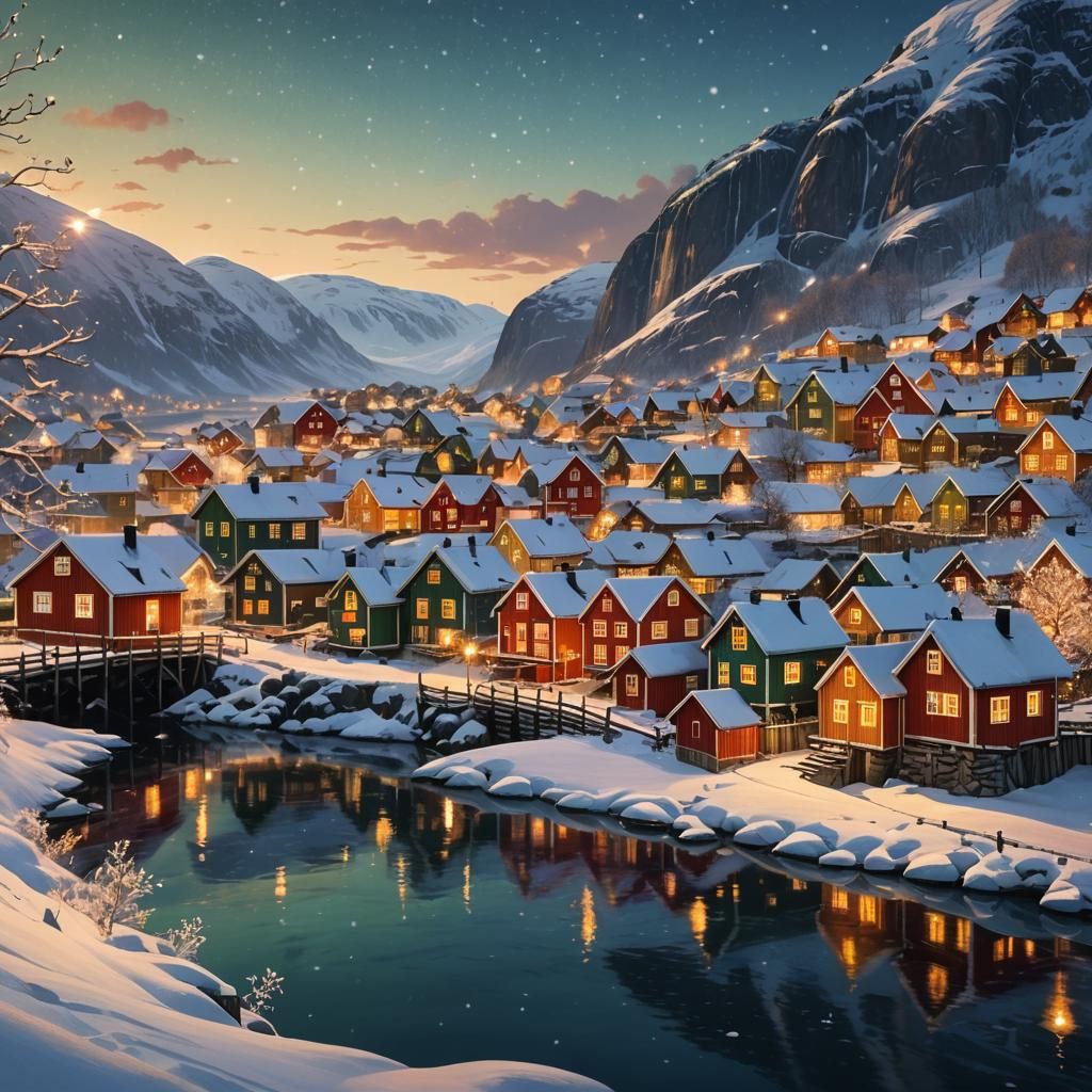 Norwegian Fjord Christmas Village in Fantasy Art