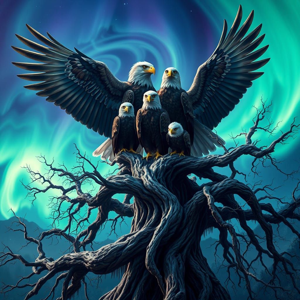 Eagle Family Amidst Majestic Aurora Borealis in Impressive F...