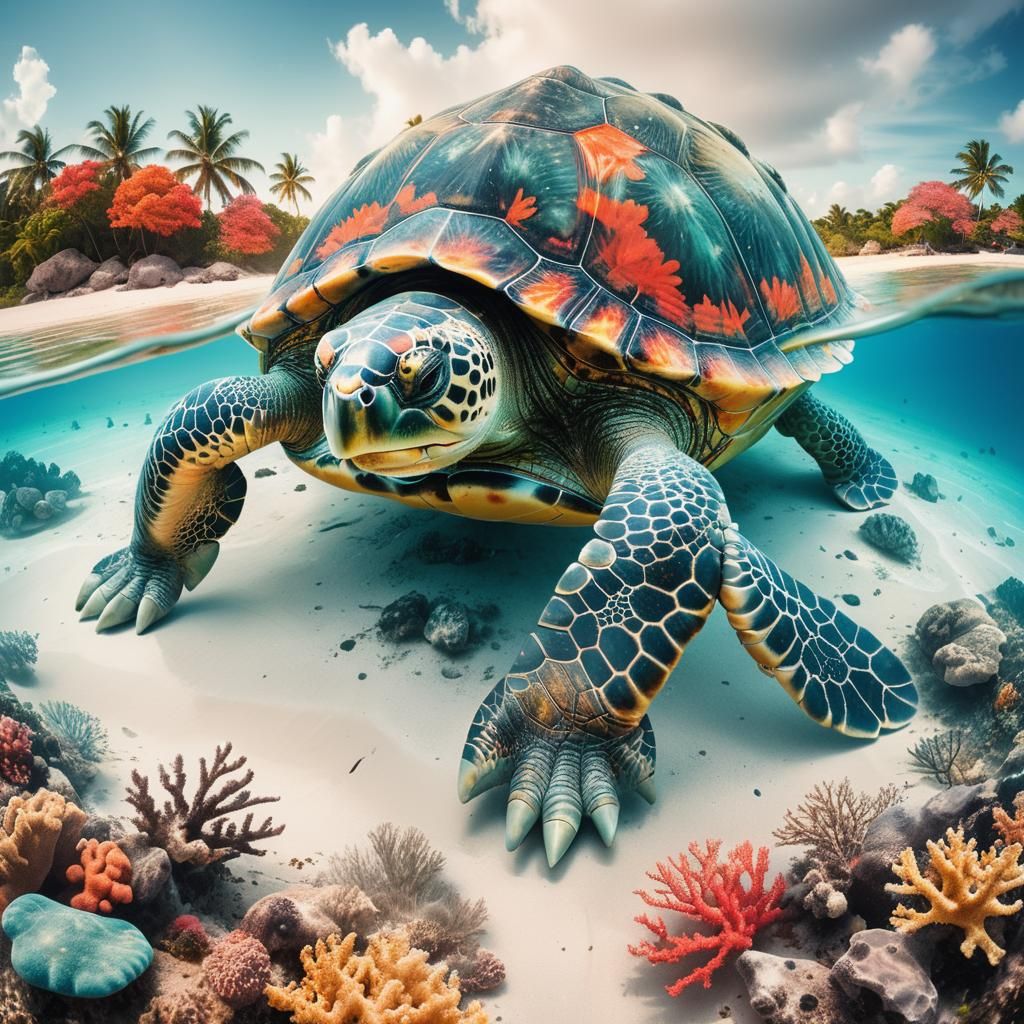 Create a digital hyrealistic double exposure image that captures the silhouette of a giant ancient turtle crawling on th...