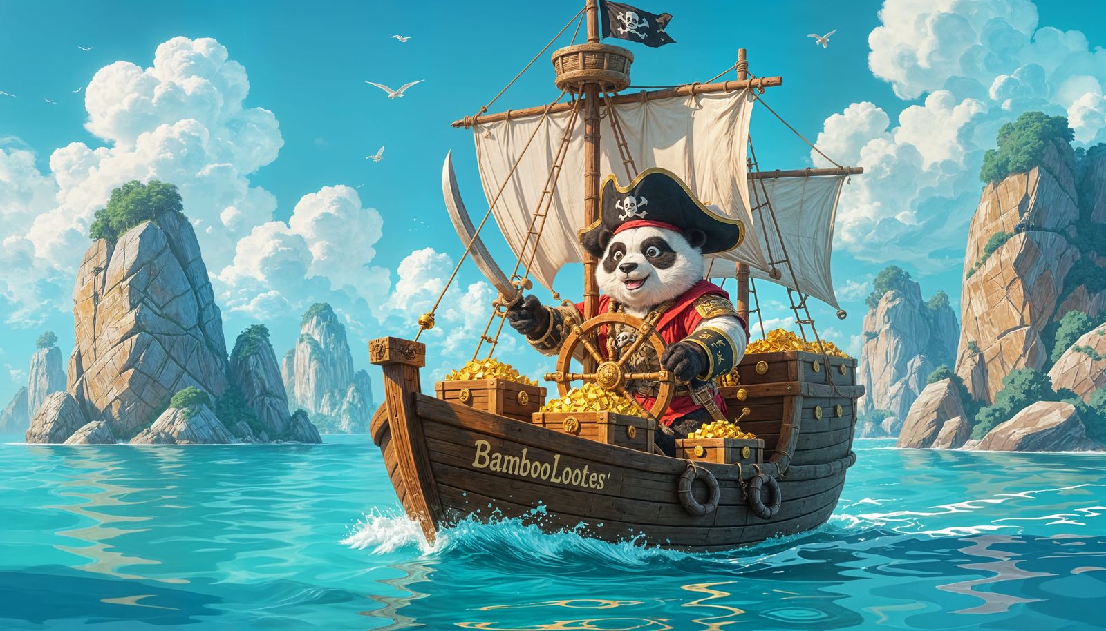 Panda Pirate Captains Gold-Laden Ship
