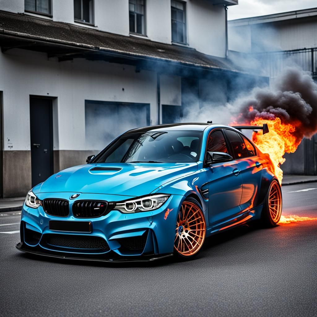 Custom BMW M3 with Flames and Skull Backdrop