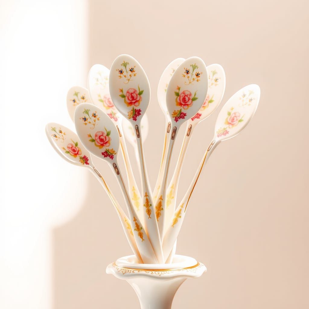 Pastel Teaspoons on Pedestal, in 3D Rendering Style